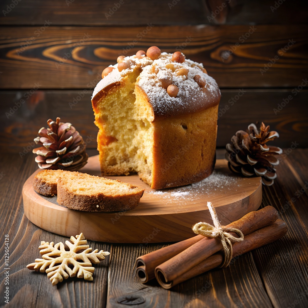 Fototapeta premium Slices of sweet, fluffy holiday bread sit beside pinecones and spices. The bread is dusted with powdered sugar and adorned with colorful nuts, creating a festive atmosphere