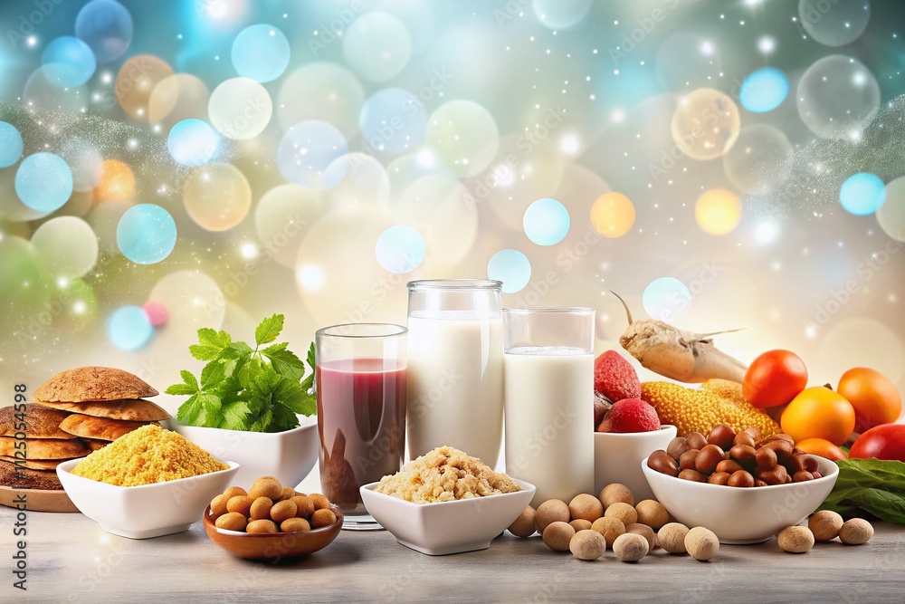 Colorful Food Allergen Symbols on White Background with Bokeh Effect for Clear Visual Representation of Common Allergens in Culinary and Dietary Contexts Colorful Food Allergen Symbols on White Background with Bokeh Effect for Clear Visual Representation of Common Allergens in Culinary and Dietary Contexts