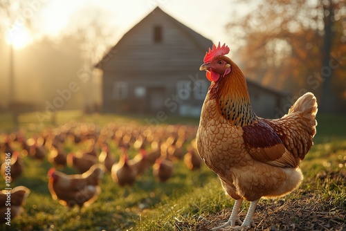 Vibrant rooster stands proudly in golden sunlight at a farm surrounded by free-range hens during autumn. Generative AI photo