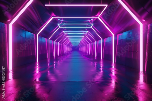 3d render, abstract background with neon glowing lines in blue and purple colors on black backdrop