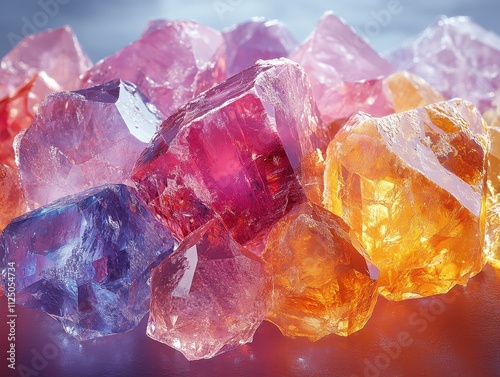 Glowing gemstones: radiant amethyst and citrine crystals in warm light