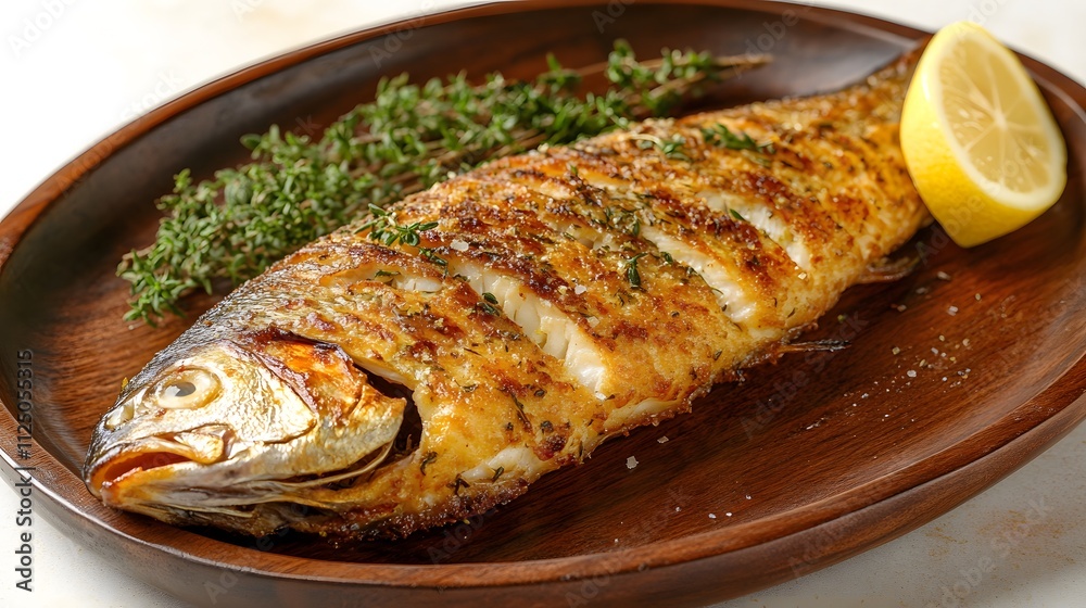 Barramundi, expertly grilled to perfection, displays a golden crust. Accompanied by fresh thyme and a slice of lemon, it promises a flavorful dining experience.