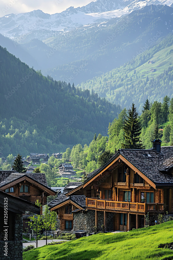 Luxury mountain resort with chalet-style architecture, nestled in the landscape Luxury mountain resort with chalet-style architecture, nestled in the landscape