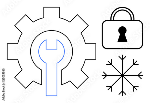 Gear with central wrench symbol, padlock with keyhole, and snowflake. Ideal for maintenance, security, winter season, mechanical engineering, data protection cold weather technical services. Line