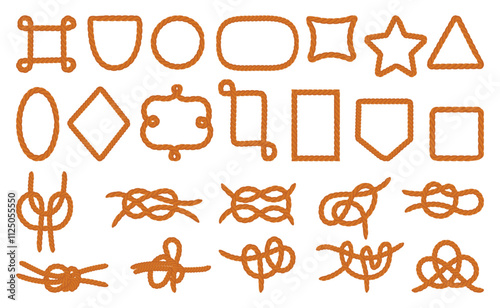 Rope frames set. String borders different shapes, round star square triangle frame. Professional nautical threads knots for sailing, neoteric vector elements