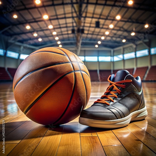 A vibrant basketball lies next to a sleek sneaker on a beautifully polished hardwood court, reflecting the excitement of an upcoming game in a spacious indoor arena during daylight