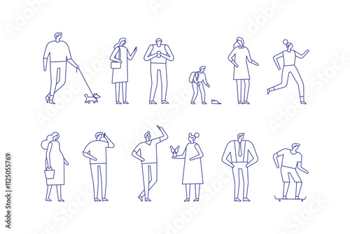 Line art city people bundle isolated on white background. Collection of silhouette people vectors featuring diverse poses and actions. Perfect for creative designs, posters and illustrations