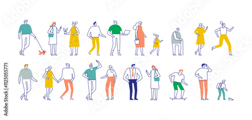 Line art city people bundle isolated on white background. Collection of silhouette people vectors featuring diverse poses and actions. Perfect for creative designs, posters and illustrations