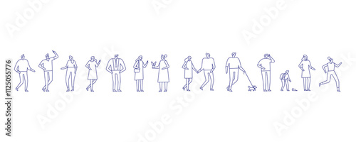 Line art city people banner isolated on white background. Collection of silhouette people vectors featuring diverse poses and actions. Perfect for creative designs, posters and illustrations