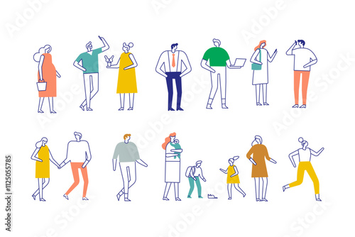 Line art city people bundle isolated on white background. Collection of silhouette people vectors featuring diverse poses and actions. Perfect for creative designs, posters and illustrations
