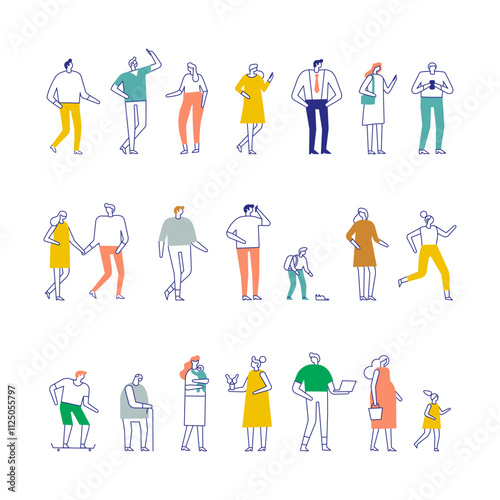 Line art city people bundle isolated on white background. Collection of silhouette people vectors featuring diverse poses and actions. Perfect for creative designs, posters and illustrations