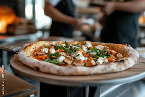 A gourmet pizza loaded with toppings, freshly made and beautifully presented, capturing the essence of delicious and inviting culinary experiences perfect for gatherings. photo