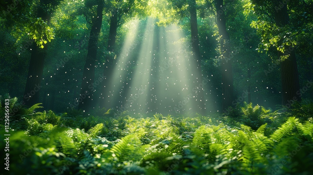 Sunbeams Illuminate Lush Forest Floor. Sunbeams Illuminate Lush Forest Floor.