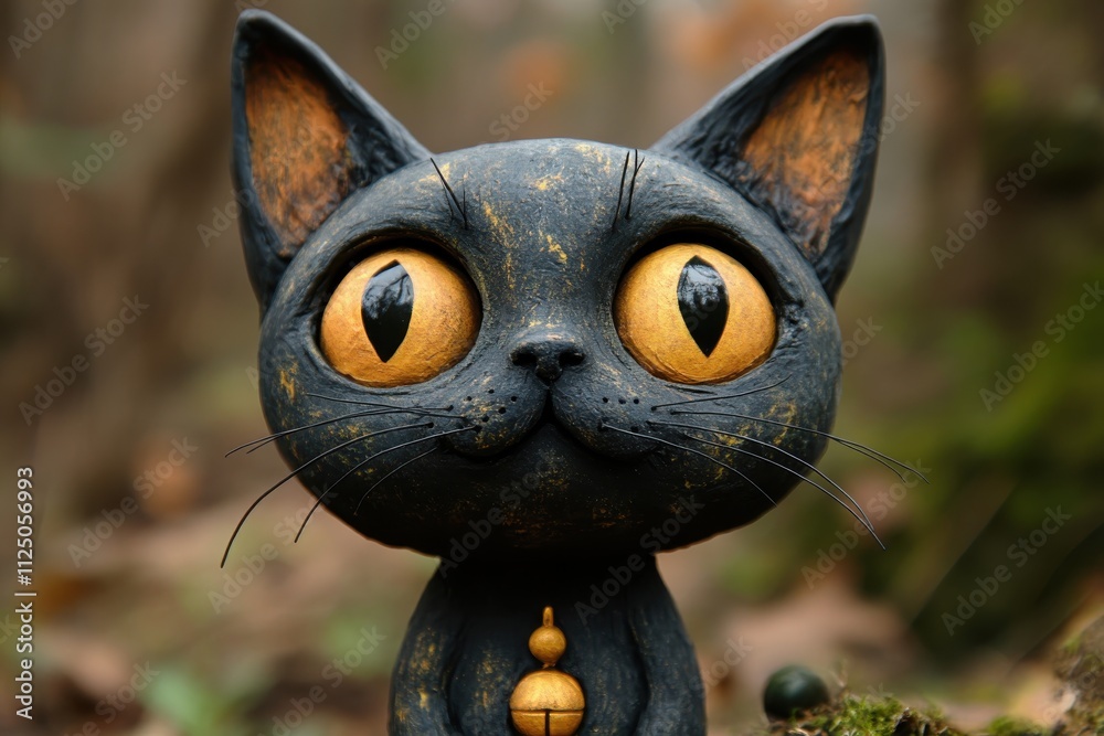 Fototapeta premium A whimsical black cat figurine with golden eyes, set against a natural background.