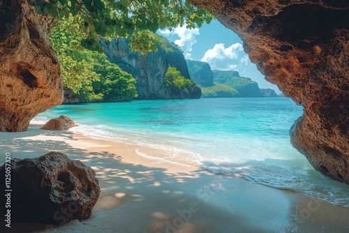 Stunning tropical beach view through rocky cave with clear turquoise waters and lush greenery under bright sunlight. Generative AI photo