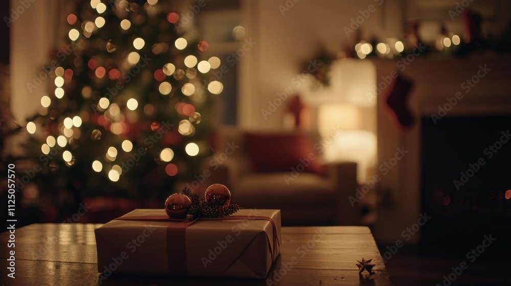 Gift boxes for Christmas arranged on a soft white rug in a snug room at night, with a Christmas tree in the background. Gift boxes for Christmas arranged on a soft white rug in a snug room at night, with a Christmas tree in the background.