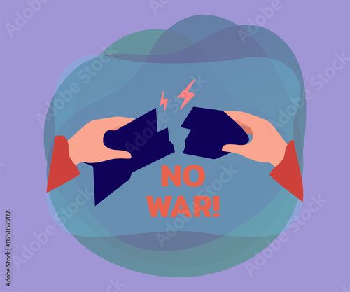 Broken missile in human hands flat vector illustration. Phrase no war on blue background. People striving for peace and freedom. Weapon, conflict, aggression concept