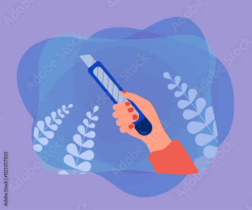 Female hand holding stationery knife. Person with tool for office work, packages or hobby flat vector illustration. Stationery, handicraft concept for banner, website design or landing web page