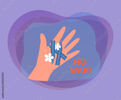 Bullets and flowers in human hands flat vector illustration. Phrase no war on blue background. People striving for peace and freedom. Fight, aggression, nation, unity concept