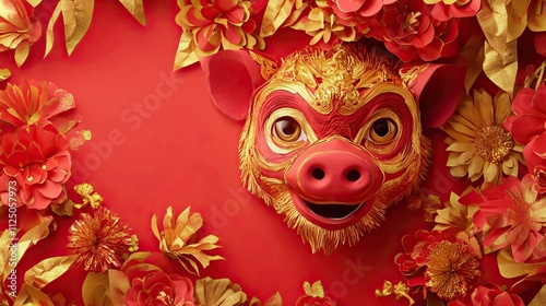 Vibrant pig mask surrounded by red and gold flowers celebrating chinese new year festivities