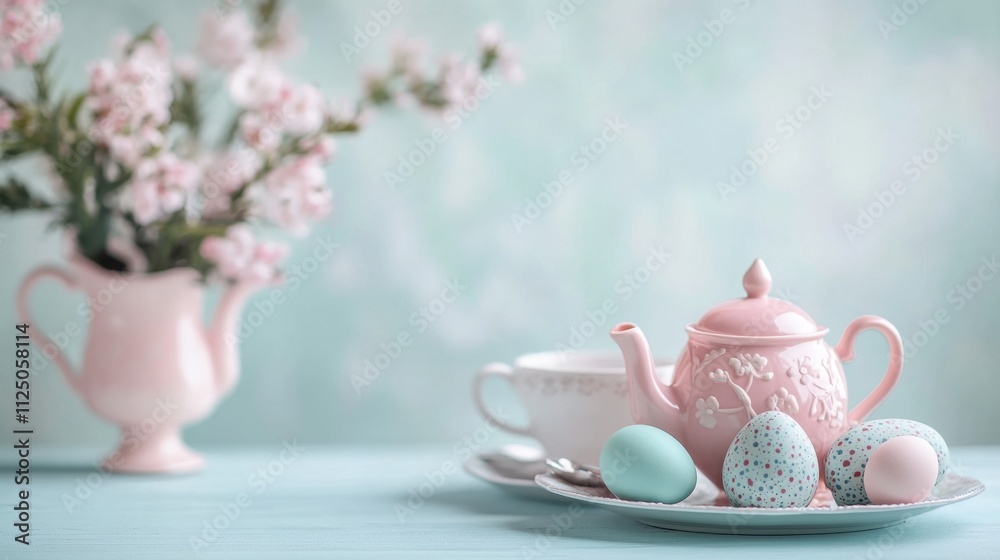 Elegant pastel tea set with decorative eggs and floral arrangement