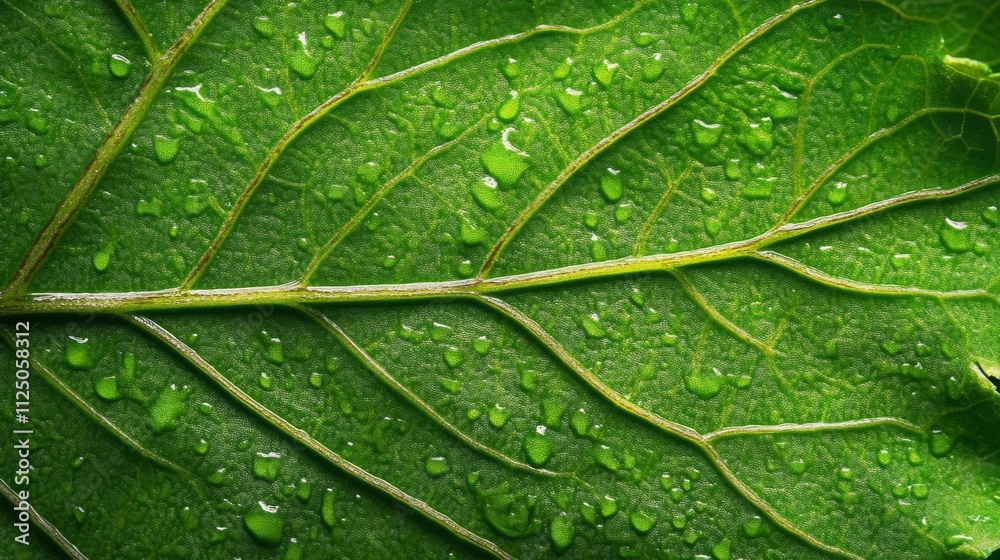 Fototapeta premium Green Leaf Surface Water Droplets Close Up