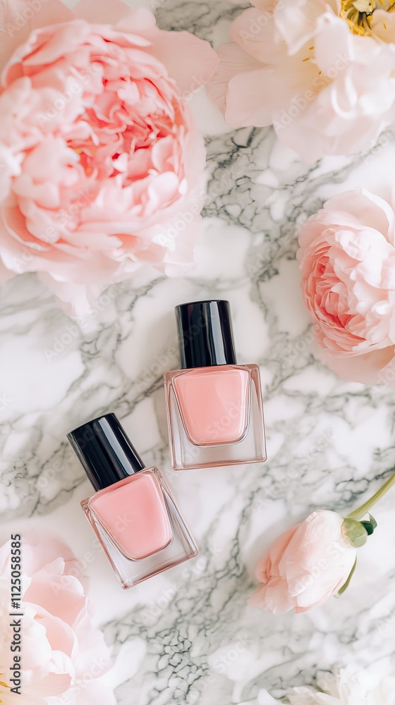 Two bottles of pink nail polish surrounded by soft peonies on a marble surface, creating a delicate and elegant scene. Two bottles of pink nail polish surrounded by soft peonies on a marble surface, creating a delicate and elegant scene.