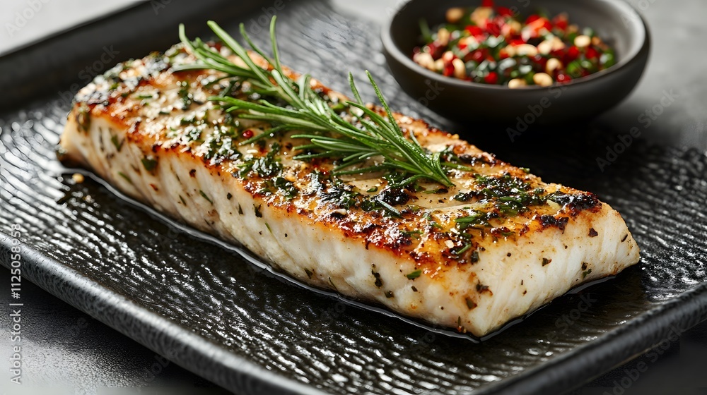 Barramundi is beautifully grilled to perfection, showcasing its flaky texture and savory herbs, served on a sleek black plate alongside a vibrant sprinkle of spices. Barramundi is beautifully grilled to perfection, showcasing its flaky texture and savory herbs, served on a sleek black plate alongside a vibrant sprinkle of spices.