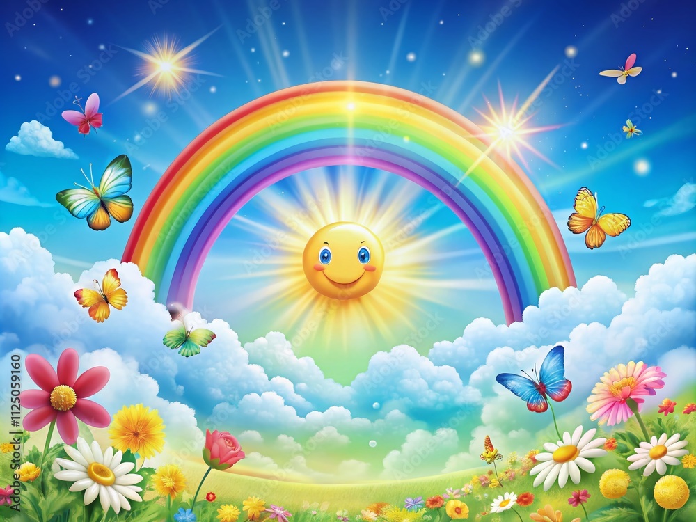 Colorful Rainbow Illustrations with Happy Clouds and Sunshine Creating a Joyful Landscape in a Panoramic Format, Perfect for Brightening Up Any Space or Project Colorful Rainbow Illustrations with Happy Clouds and Sunshine Creating a Joyful Landscape in a Panoramic Format, Perfect for Brightening Up Any Space or Project