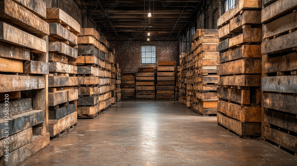 Stark warehouse interior featuring stacked wooden crates, creating minimalistic and industrial atmosphere. warm tones of wood contrast with cool concrete floor Stark warehouse interior featuring stacked wooden crates, creating minimalistic and industrial atmosphere. warm tones of wood contrast with cool concrete floor