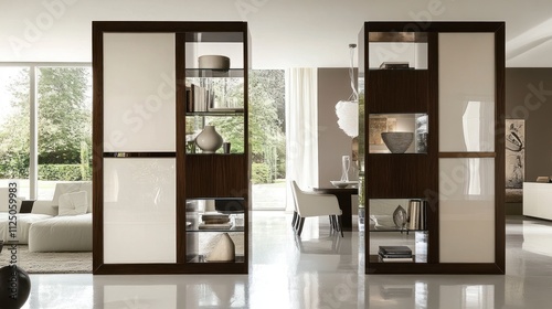 Modern room divider with glass and wood shelving, separating living and dining areas. photo