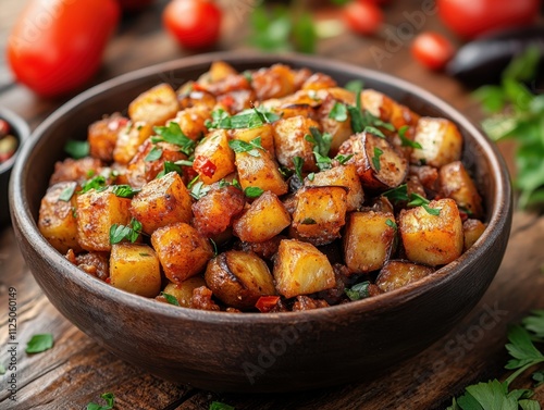 Caponata, eggplant stew, sweet and sour flavors, close-up, rustic dish, Sicilian vegetables