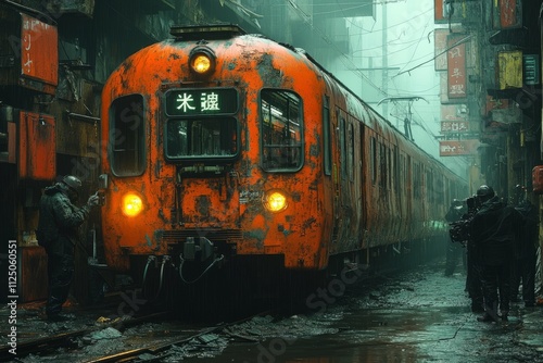 Vibrant orange train in a misty urban alleyway at dusk