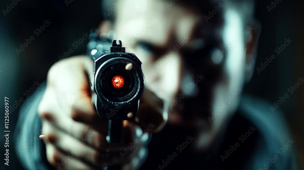 Tense Moment in an Action Scene with a Blurry Background and a Focused Man Pointing a Handgun in Front of Him with an Intense Expression Captured in Low Light Environment Tense Moment in an Action Scene with a Blurry Background and a Focused Man Pointing a Handgun in Front of Him with an Intense Expression Captured in Low Light Environment