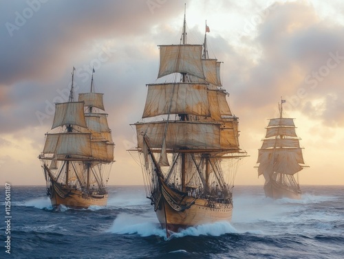 Fleet of tall ships, sails billowing, historical vessels, ocean voyage, exploration, adventure