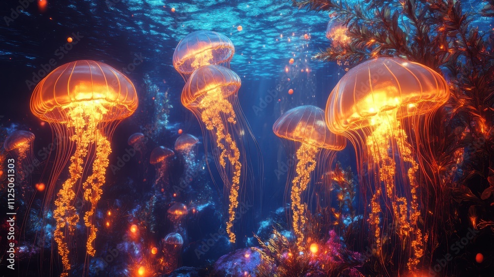 Luminous jellyfish illuminate underwater reef. Luminous jellyfish illuminate underwater reef.
