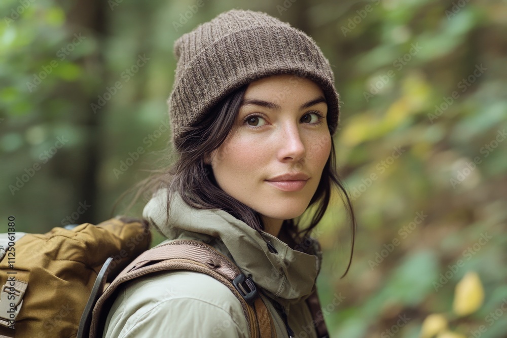 Young caucasian female hiker in forest with knitted beanie and backpack Young caucasian female hiker in forest with knitted beanie and backpack