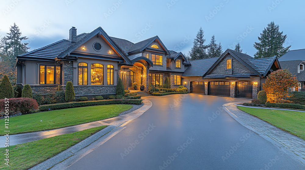 Luxurious modern suburban house with elegant architecture and landscaped garden, illuminated in early evening. perfect blend of comfort and style Luxurious modern suburban house with elegant architecture and landscaped garden, illuminated in early evening. perfect blend of comfort and style