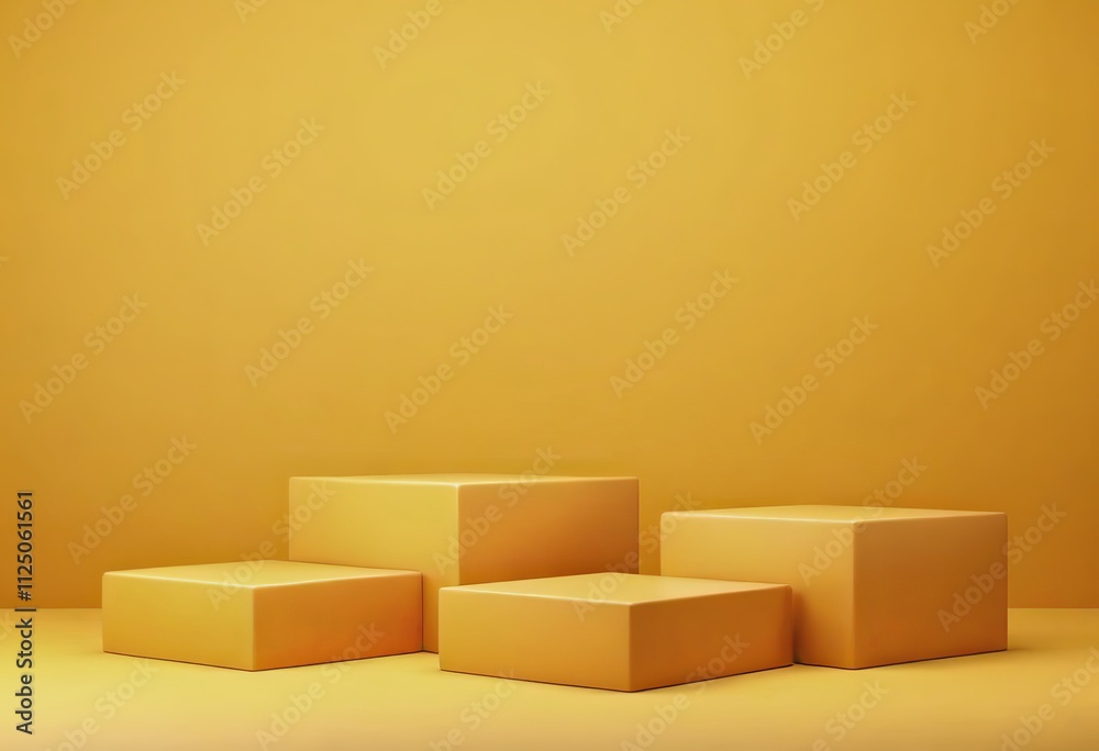 Empty yellow cube pedestal on a 3D platform, set in a studio environment with geometric design for mockups and exhibition displays on an advertising backdrop. Created with generative AI technology