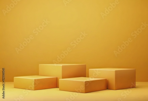 Empty yellow cube pedestal on a 3D platform, set in a studio environment with geometric design for mockups and exhibition displays on an advertising backdrop. Created with generative AI technology