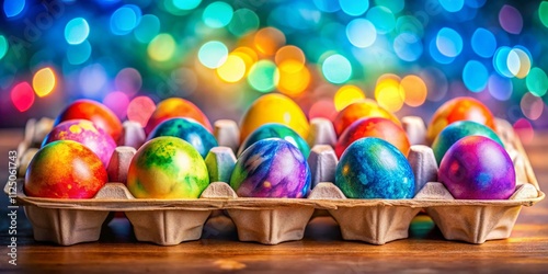 Colorful Tie Dye Easter Eggs in a Carton with Bokeh Effect for Spring Celebrations, Perfect for Holiday Decor and Festive Displays