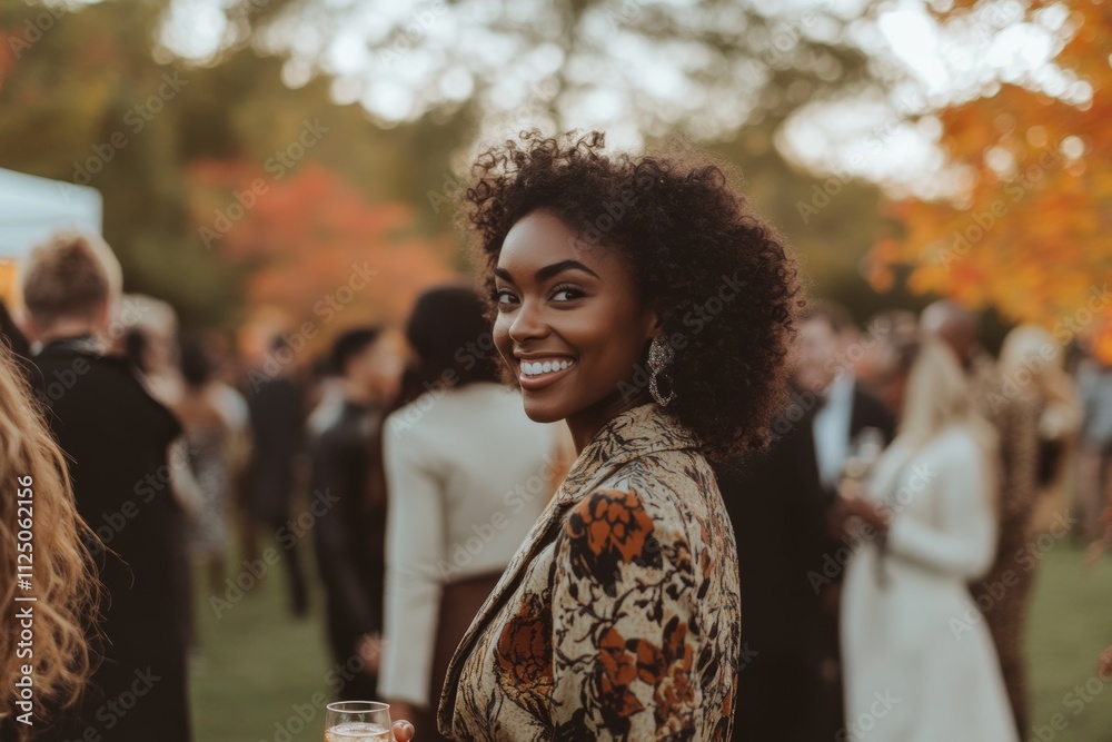 Smiling woman in patterned outfit enjoying a lively outdoor gathering amidst autumn foliage and a crowd of people. Smiling woman in patterned outfit enjoying a lively outdoor gathering amidst autumn foliage and a crowd of people.