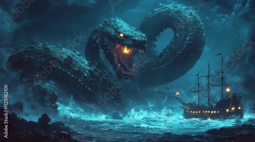 Sea monster attacks sailing ship in storm.