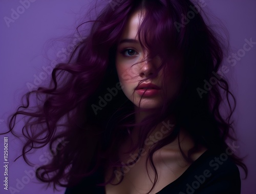 bold portrait of a woman with rich purple curls and a vivid glow