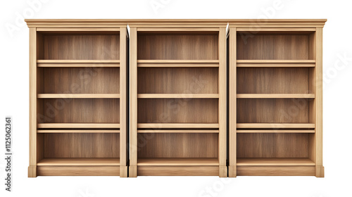 Set of three wooden bookcases isolated on transparent background