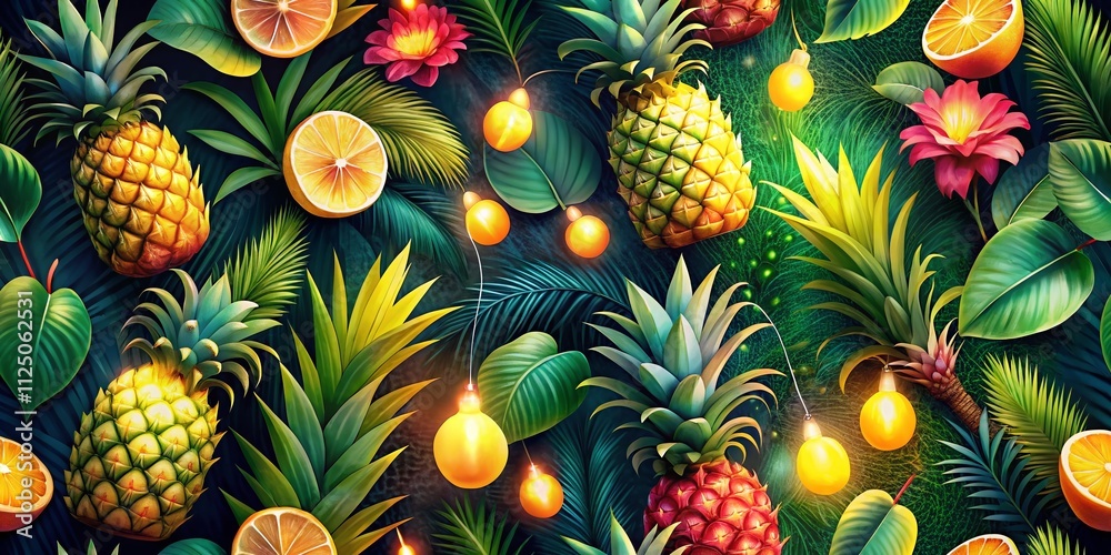 Fototapeta premium Colorful Tropical Pineapple Pattern Design with Slices, Leaves, and Floral Elements for Summer Vibes and Backgrounds