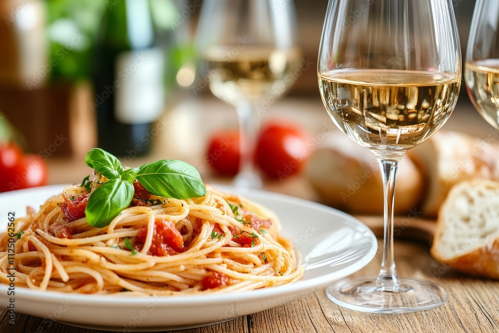 Freshly Cooked Spaghetti with Tomato Sauce, Parmesan Cheese, and Basil Garnish on a Plate Freshly Cooked Spaghetti with Tomato Sauce, Parmesan Cheese, and Basil Garnish on a Plate