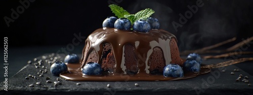 Un dessert fondant au chocolat avec des myrtilles et des feuilles de menthe, recouvert de chocolat liquide, des gousses de vanille sur une assiette en ardoise. photo