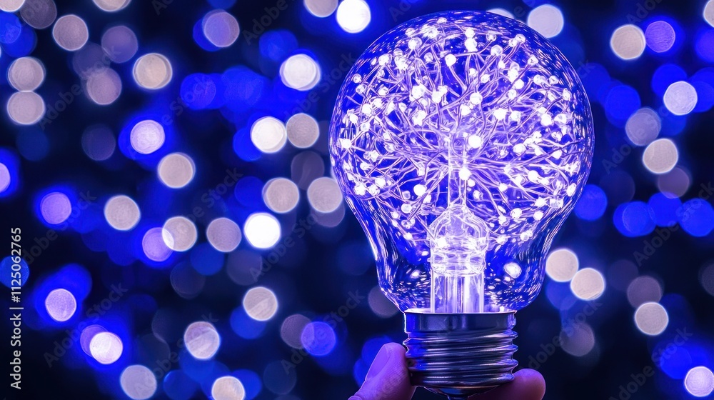 Illuminating Ideas: A Glowing Light Bulb against a Blue Bokeh Background Illuminating Ideas: A Glowing Light Bulb against a Blue Bokeh Background