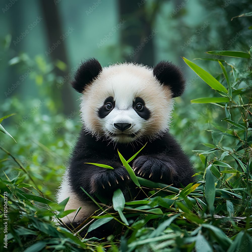 Adorable Panda Cub Joyfully Playing with Bamboo in a Lush Green Forest Setting, Embracing Nature's Splendor and Serenity for Captivating Stock Imagery Adorable Panda Cub Joyfully Playing with Bamboo in a Lush Green Forest Setting, Embracing Nature's Splendor and Serenity for Captivating Stock Imagery